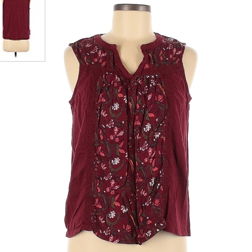 St. John’s Bay Sleeveless Top Women's Petite Medium M Maroon Floral V-Neck EUC